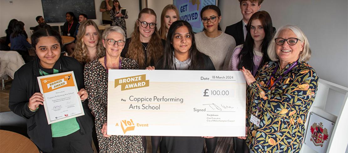 Left to right, Alison Hinds, Director of Children’s Services City of Wolverhampton Council, pupils and staff from Coppice Performing Arts School and Brenda Wile, Deputy Director of Education and Skills City of Wolverhampton Council.